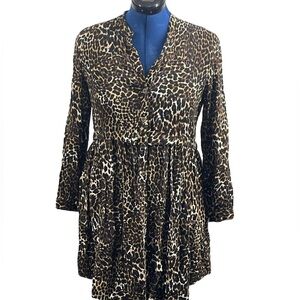 Zara Women  Animal Print Leopard Button Up Baby Doll Long Sleeve Dress Sz Small‎